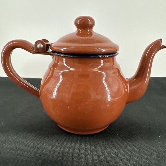 Teapot Brown Enamel Metal Farmhouse Decor 4.5" Tall Gooseneck Spout Distressed - Picture 1 of 12